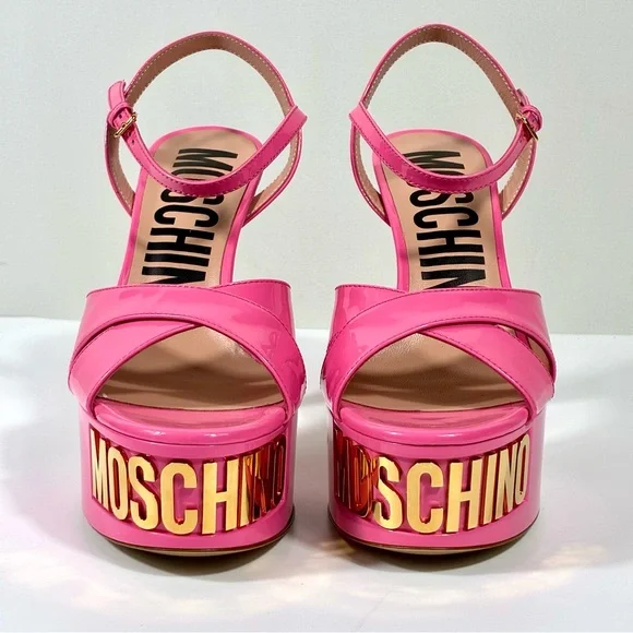 Moschino Logo Leather Platform Stiletto Sandals Heels Pink Gold NEW